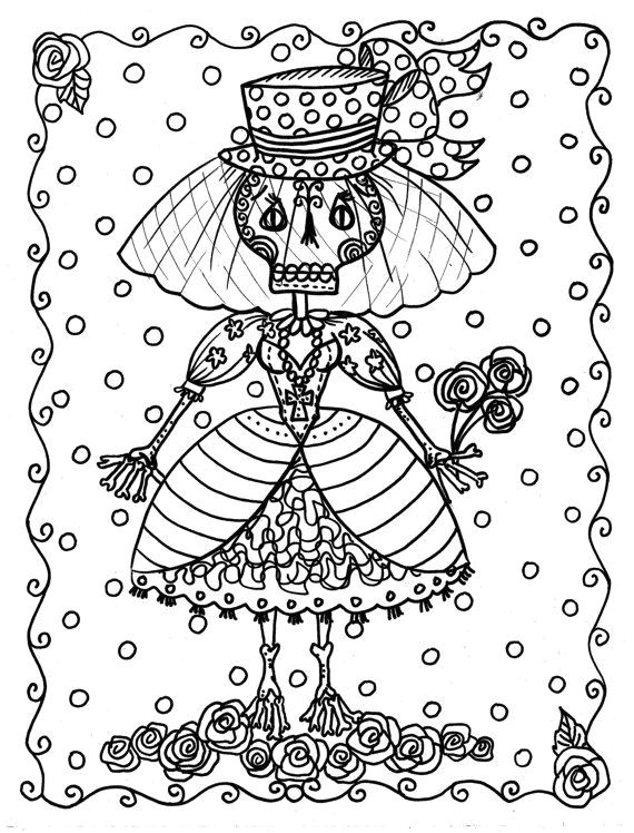 Instant Download Halloween Art Coloring for Adults digital skulls skull bride fall digi stamp