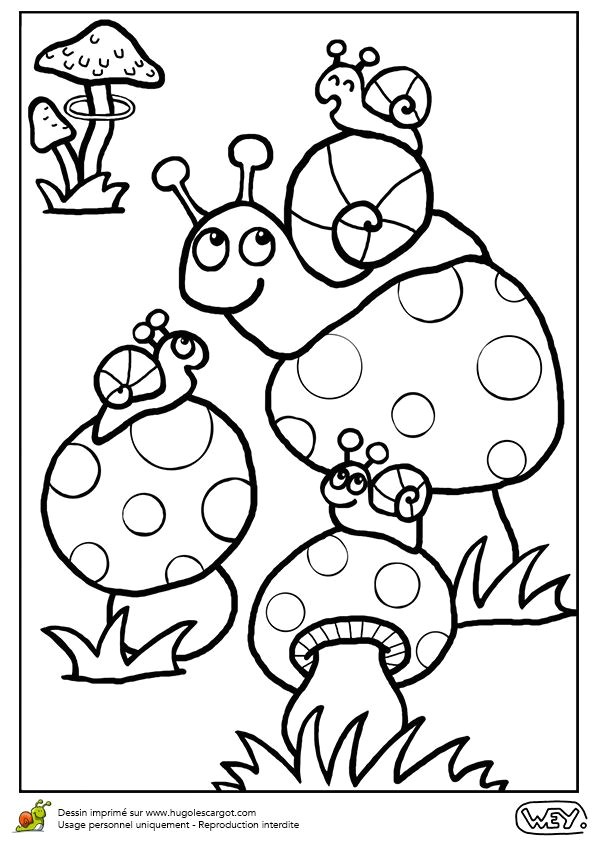 Une maman escargot et ses trois bébés sur des champignons coloriage pour enfants