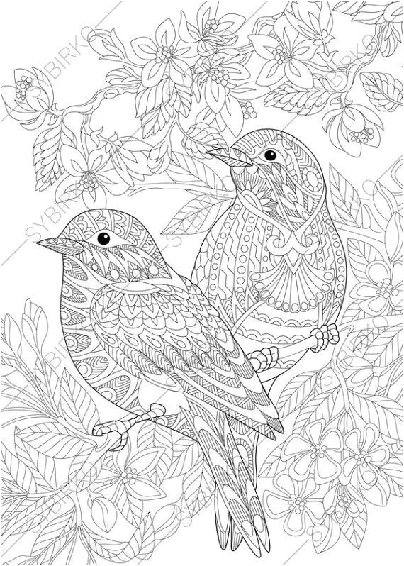 Coloring Pages for adults Love Birds Spring Flowers Blossoming Tree Floral colouring pages Animal coloring book Instant Download Print