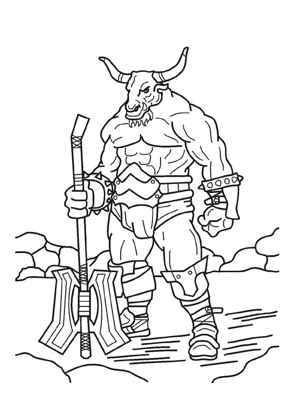 Dessin   colorier de Minotaure le mi homme mi taureau avec ses armes