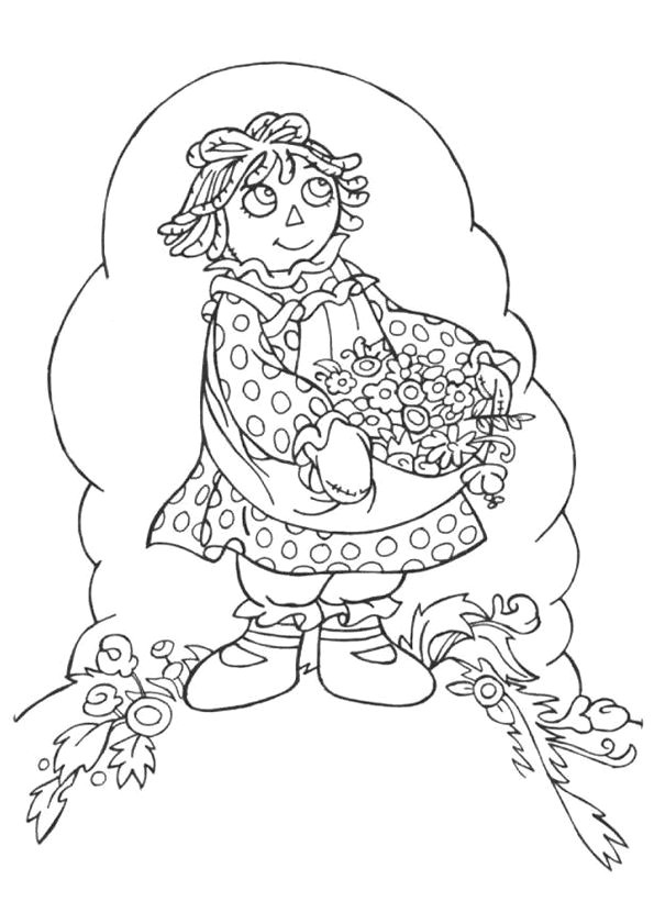 Dessin   colorier d une petite fille avec son tablier rempli de fleurs pour maman