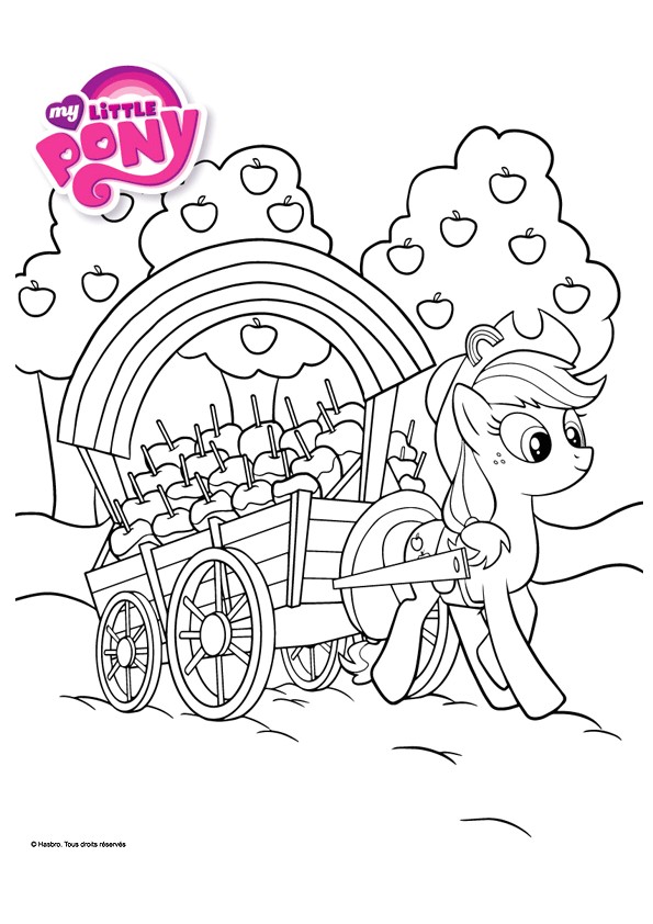 A colorier un dessin du pony Applejack entrain de tirer une charrette remplie de pomme