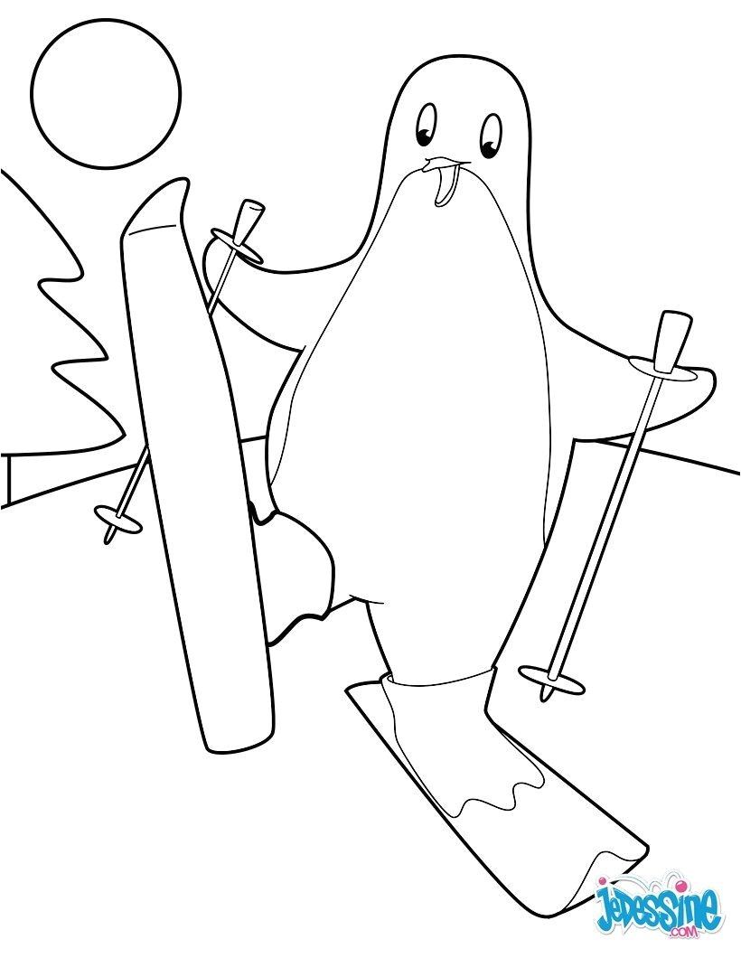 Coloriage amusant un pingouin sur des skis Un dessin super dr´le pour amuser les enfants