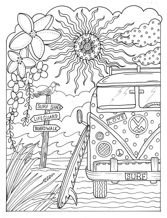 5 pages Beachy Escape coloring Digital color pages Shells ocean surf tiki dolpjins palm trees instant s