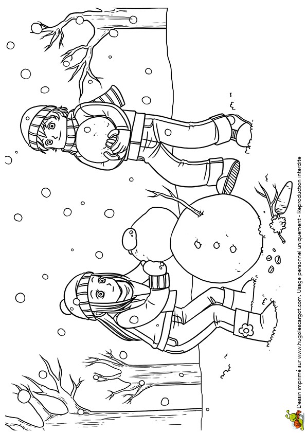 Dessin   colorier de 2 enfants entrain de fabriquer un bonhomme de neige