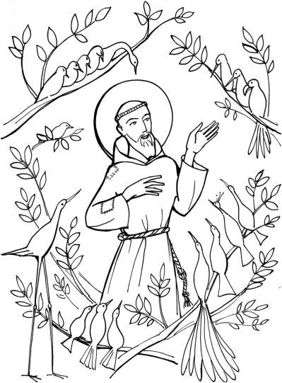 Saint Francis of Assisi and the Birds Catholic Coloring Page on the image