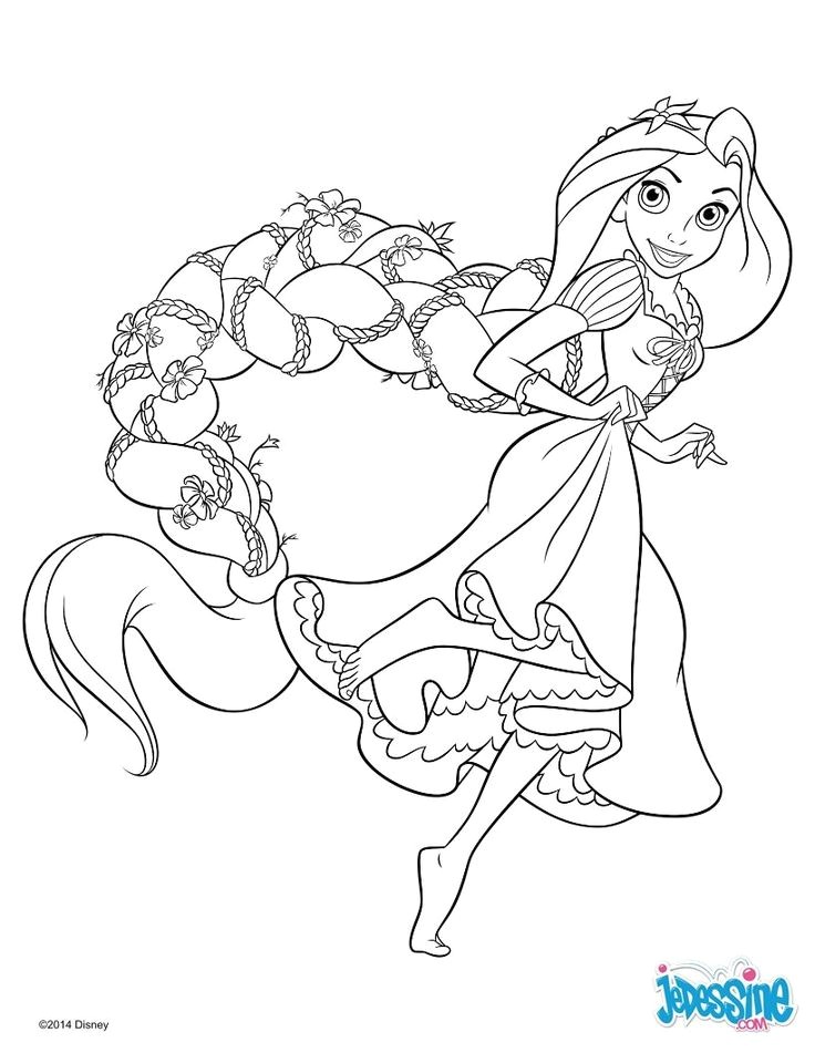 Un coloriage sur le conte Disney de Raiponce avec la princesse et ses long cheveux avec
