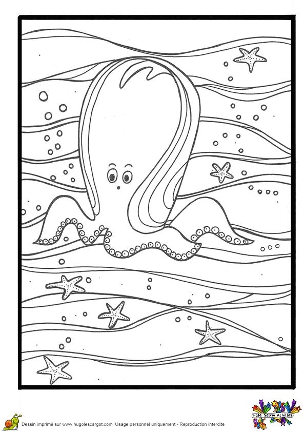 Un dessin de pieuvre sous l océan   colorier avec les petites étoiles de