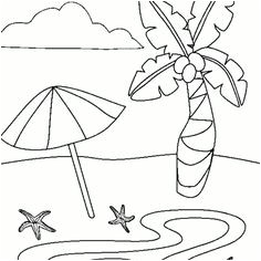 Dessin de ete   colorier dessin de mer parasol palmier plage vacances colorie en ligne ou sur papier