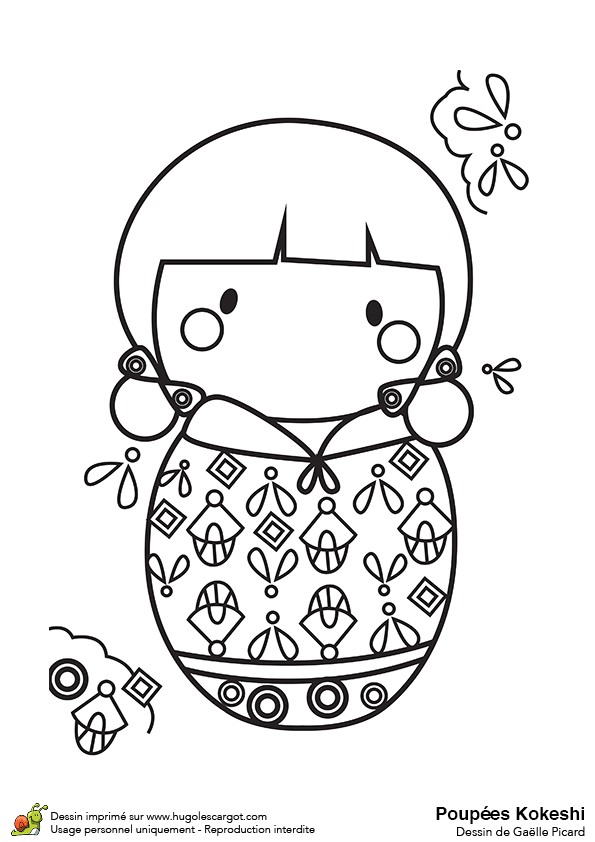 Dessin   colorier d une poupée Kokeshi clochettes de muguet Hugolescargot