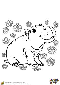 La bébé hippopotame est tout joyeux ce dessin est   colorier