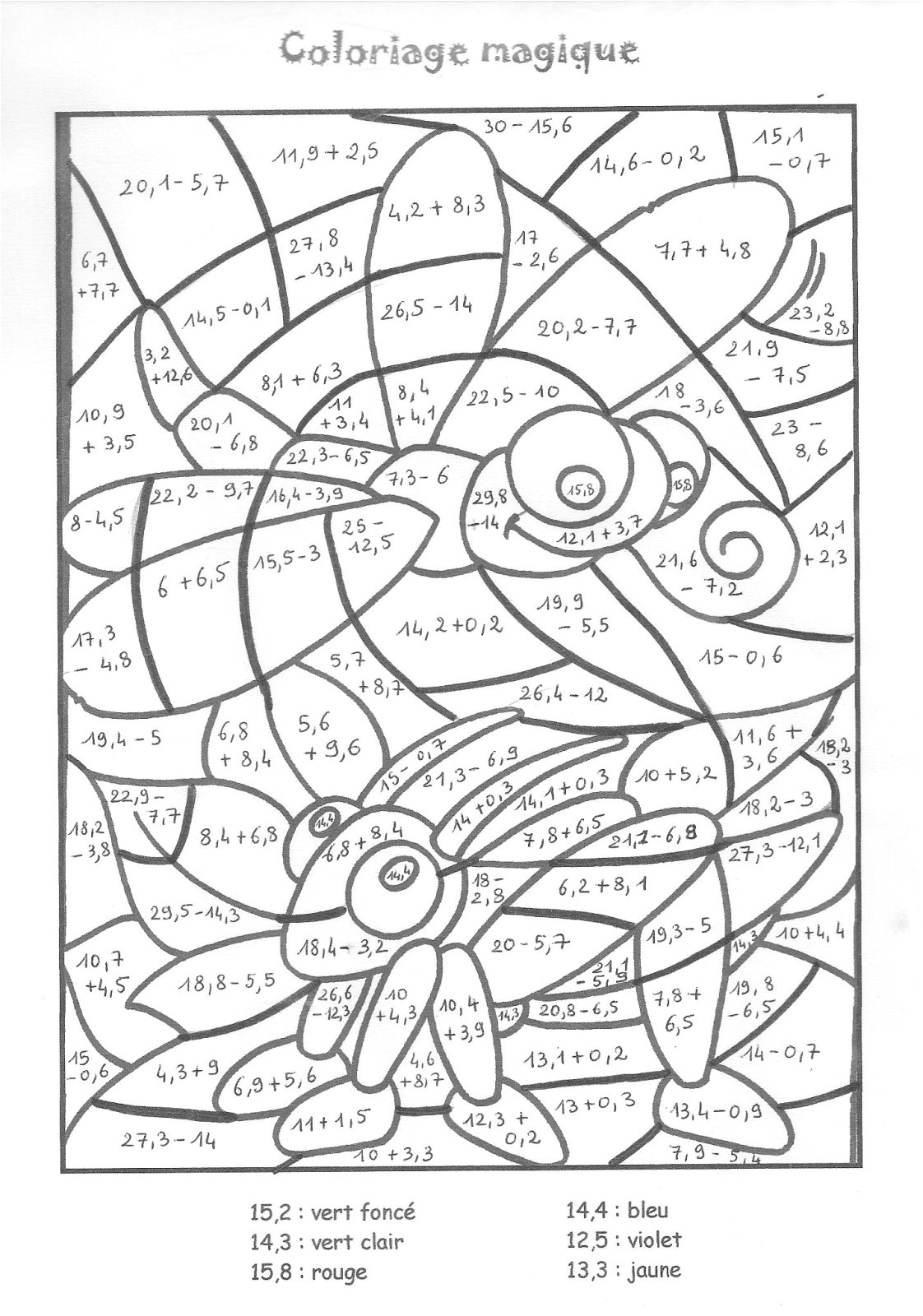 Coloriage magique ajouter et soustraire des nombres décimaux