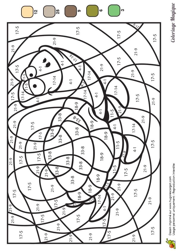 Coloriage magique soustractions une jolie tortue souriante