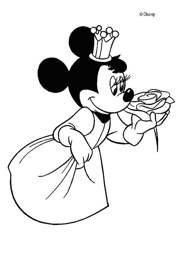 Discover this amazing coloring page of Mickey Movies Color Queen Minnie Mouse with a rose