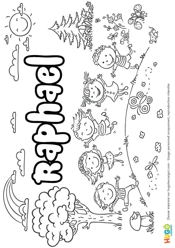 Coloriage et illustration du prénom Rapha l le prénom est écrit dans le style " go ter " Un petit décor champªtre   colorier avec des enfants qui…