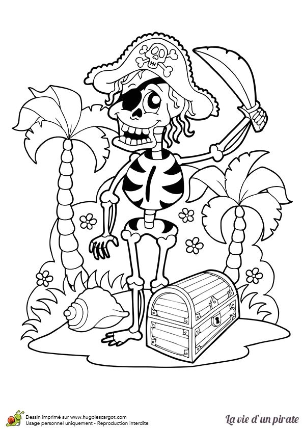 Coloriage d un squelette vivant de pirate en train de brandir son épée