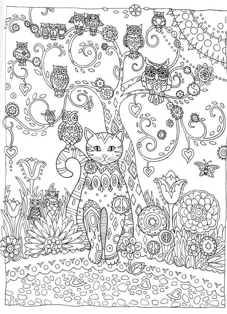 Cat and Owls Abstract Doodle Zentangle ZenDoodle Paisley Coloring pages colouring adult detailed advanced printable Kleuren