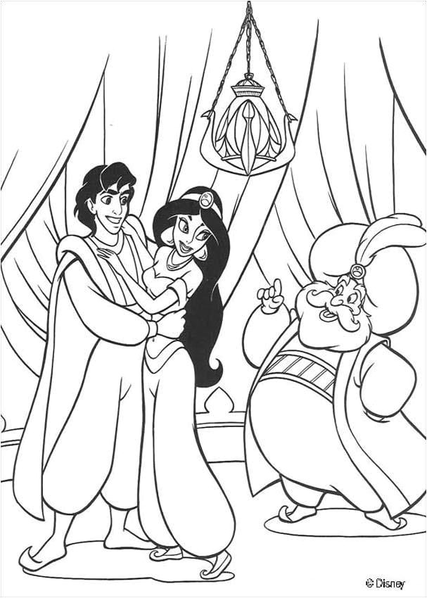 Un coloriage sur le conte Disney de Aladdin avec ici la princesse Jasmine et Aladdin avec
