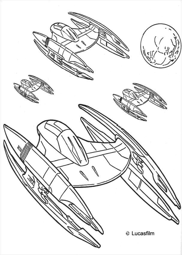 Coloriage de Star Wars avec des vaisseaux spatiaux et des droides de la fédération du merce