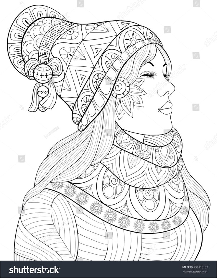 Adult coloring page book a cute girl wearing scarf and cap Zen art style