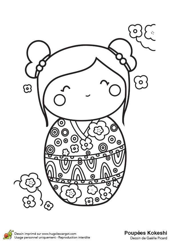 Dessin   colorier d une poupée Kokeshi avec fleurs géométriques Hugolescargot