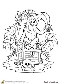 Coloriage d un singe de pirate s assoyant sur un coffre au trésor