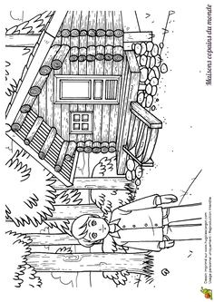 Coloriage dessin cabane en rondins maison au Canada