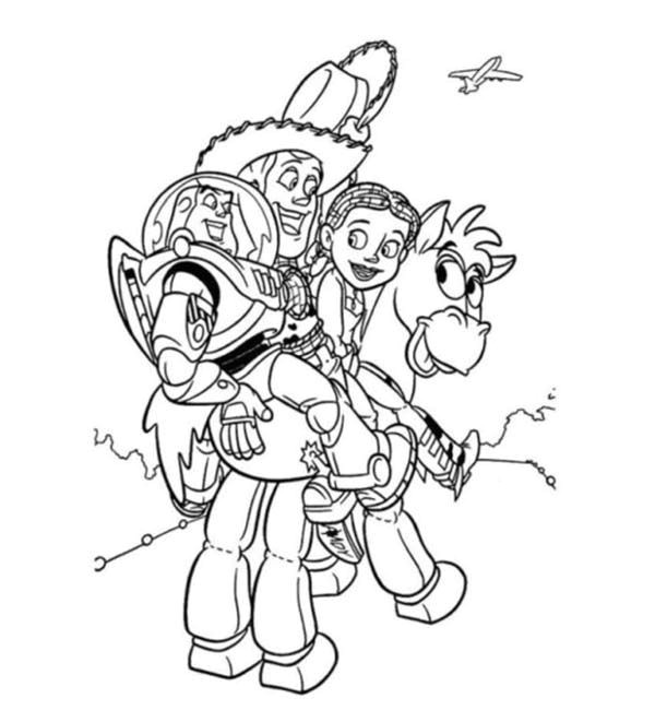 Buzz Jessie and Woody Riding Bullseye in Toy Story Coloring Page