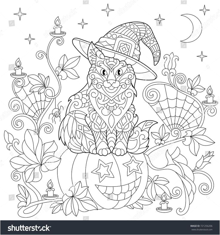 Halloween coloring page Cat in a hat halloween pumpkin spider web lanterns