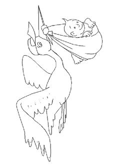 Dessin   colorier d une cigogne portant le petit bébé de Tintin