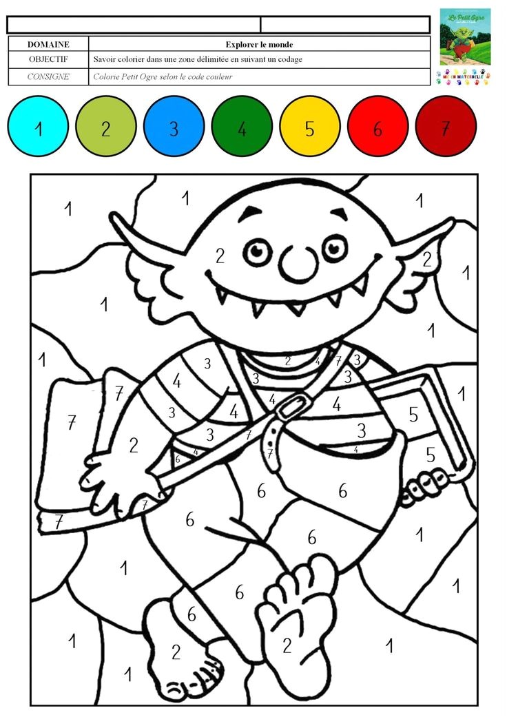 Le petit ogre veut aller   l école coloriage magique avec des chiffres de 1   7