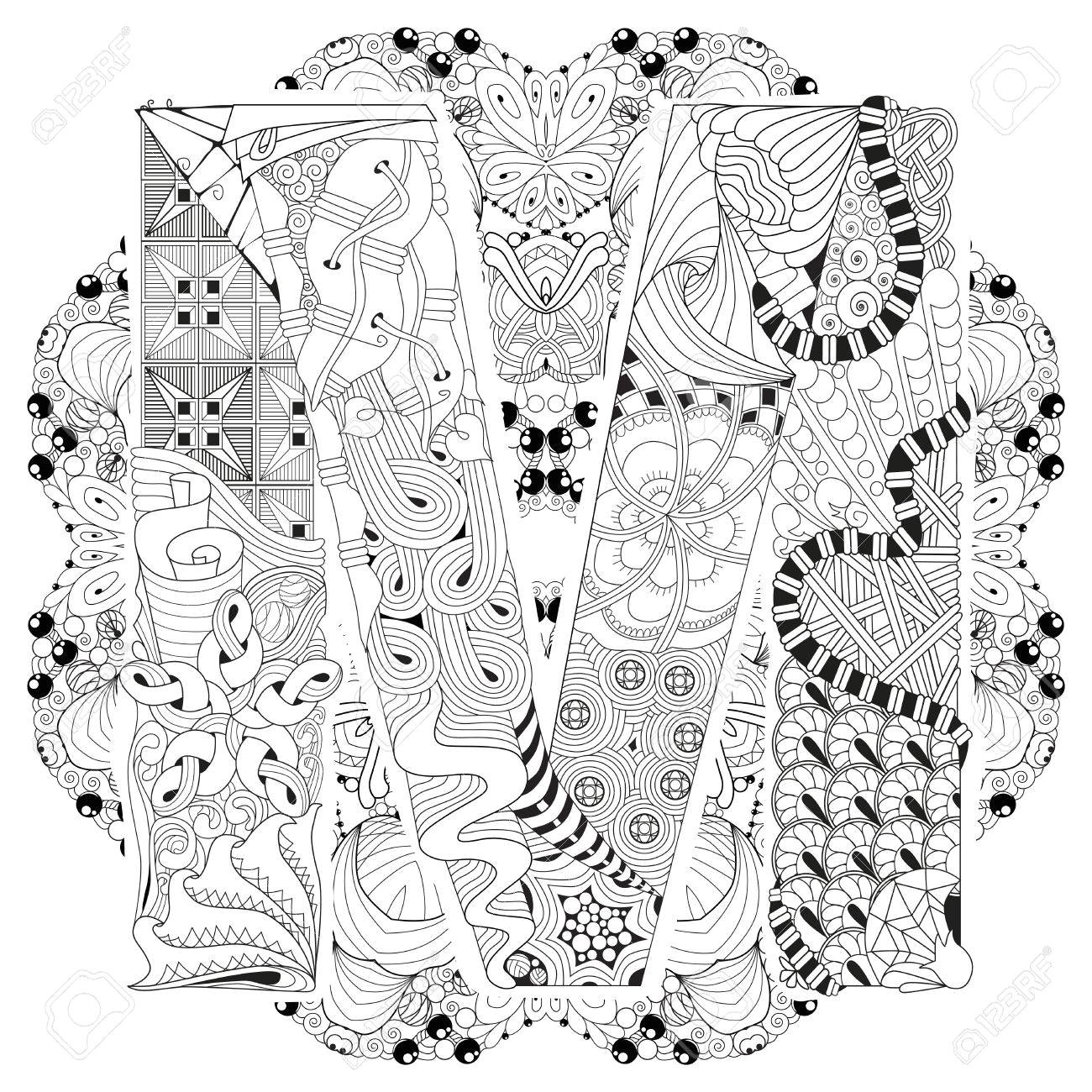 Coloriage anti stress adulte Mandala illustration dessinés   la main noir et blanc avec lettre M pour cahier de coloriage