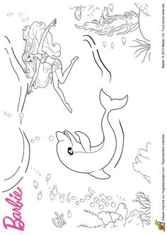 A colorier Barbie qui s amuse avec un petit dauphin dans l eau