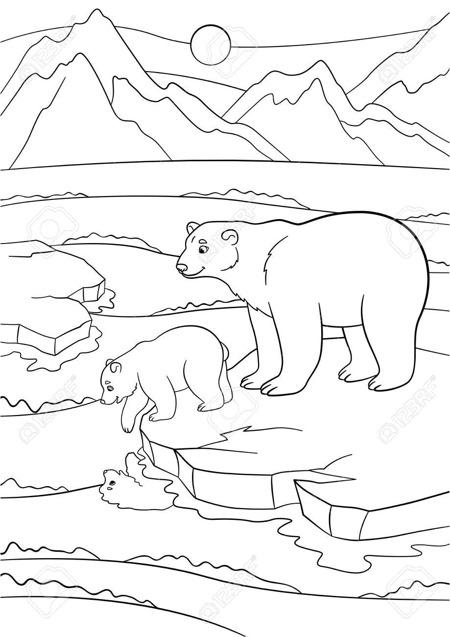 Banque d images Coloriage M¨re ours polaire se dresse sur la banquise avec son petit ours mignon de bébé