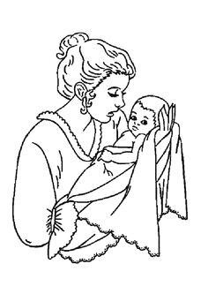 Une maman tenant dans ses bras son jeune enfant   colorier