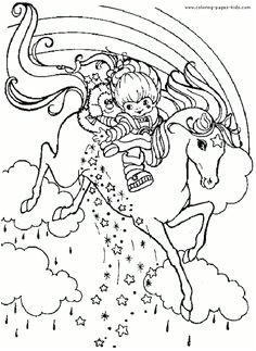 Unicorn descending the sky through Rainbow coloring pages
