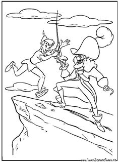 coloriage Peter pan et le capitaine Crochet battent   l épée