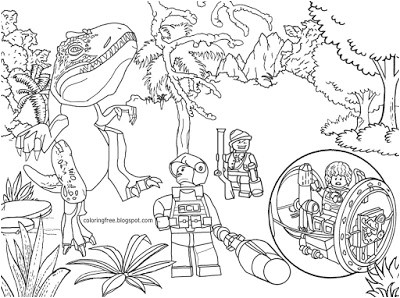 Tyrannosaurus dinosaurs park science fiction movie Lego Jurassic world colouring page for youngsters
