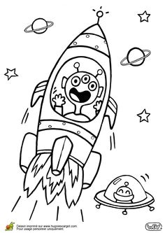 Illustration d un extra terrestre emporté par une fusée   colorier