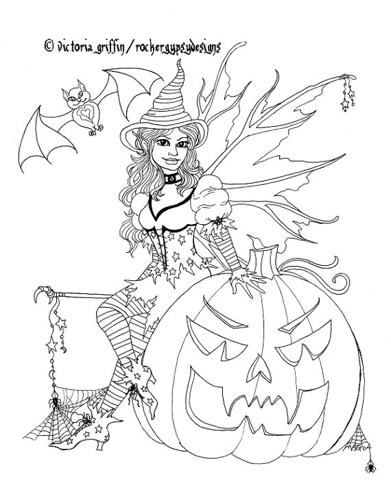 Halloween Pumpkin Fairy Witch With Bat Printable coloring page for adults Kleuren voor volwassenen Färbung für Erwachsene coloriage pour adultes colorare
