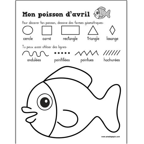En noir et blanc seulement 1 page L enfant doit décorer son poisson d avril en utilisant des formes géométriques ainsi que différentes sortes de lignes