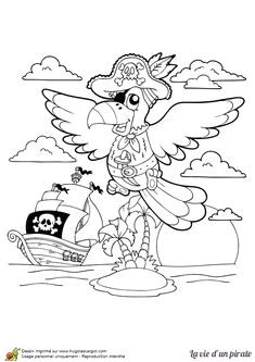 Un perroquet pirate volant vers son bateau   colorier