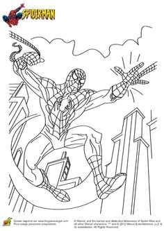 Spiderman survole les buildings   l aide de sa toile coloriage pour enfants