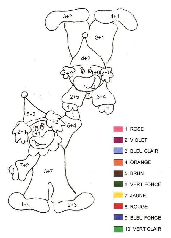 Coloriage magique Clown 2 Addition Color by Number for Adults and Children Pinterest