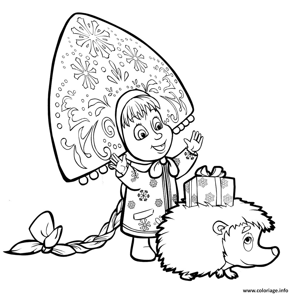 Coloriage de masha et michka offre un cadeau a hedgehog