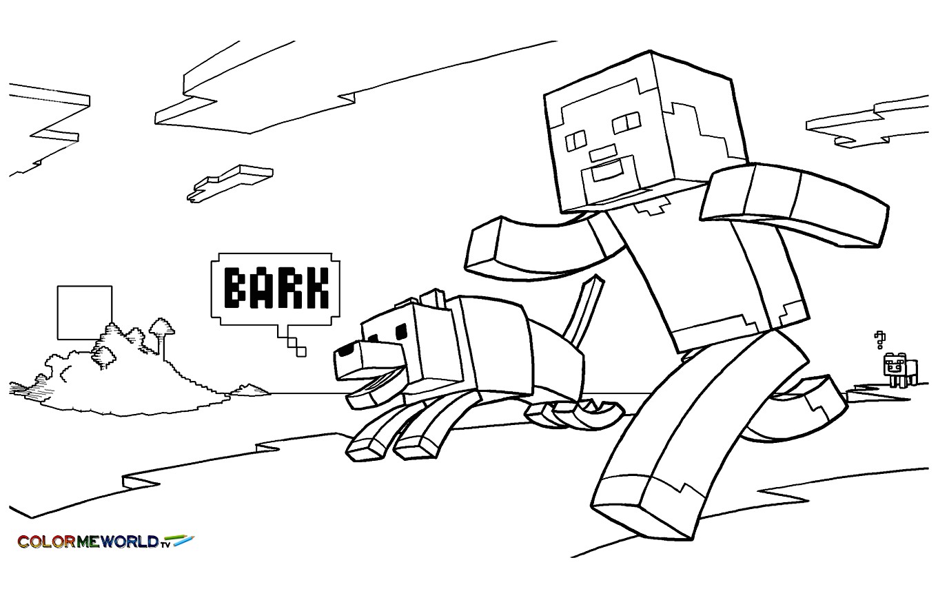 Coloriage minecraft 8 Un personnage et son chien courent   toute vitesse