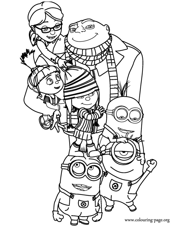 A cute coloring page with the characters of the movie Despicable Me The "evil" Gru the orphans Margo Edith and Agnes and three of the Gru s minions