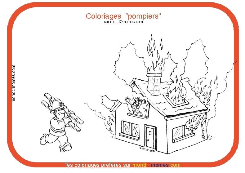 Coloriage pompier et maison en feu