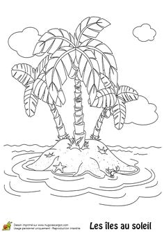Coloriage d une ile avec trois palmiers au soleil