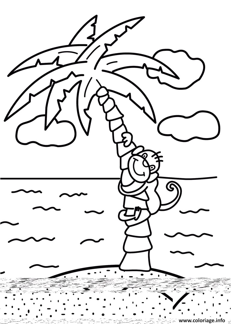 Coloriage de palmier avec singe et plage